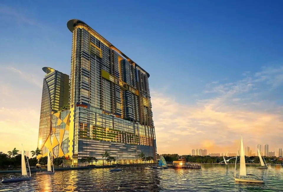 Silverscape Residence Melaka tower at golden hour over the Strait of Malacca